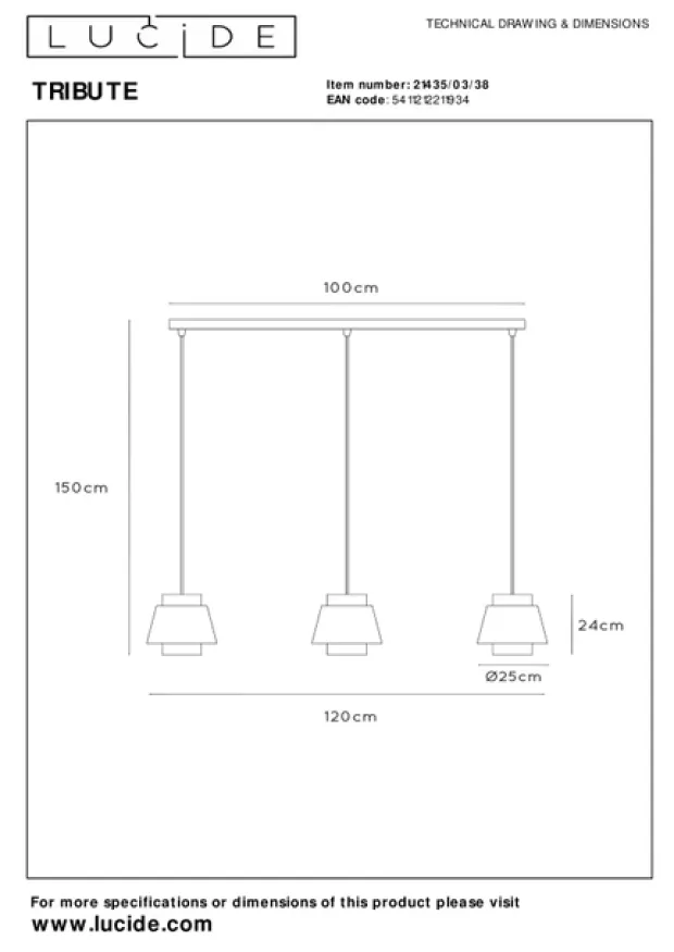 Tribute taklampe rekke 3lys 120cm beige
